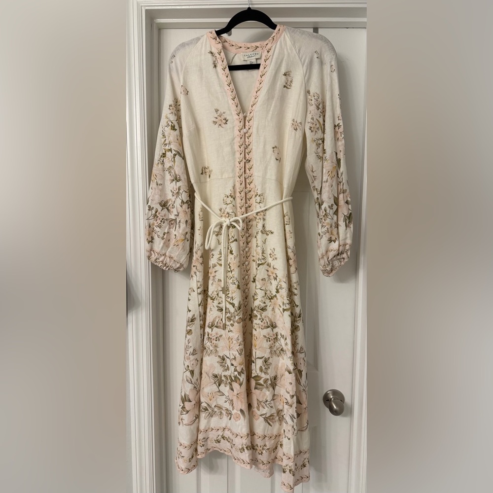 Floral Boho Cream Midi Dress with Pink Trim